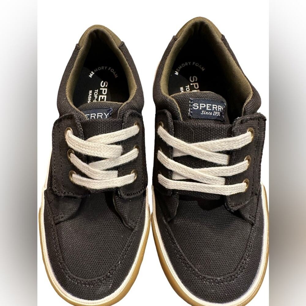 Sperry Topsiders Youth Size 10 Black Canvas Deck Style Shoes w/ Fold Over Close